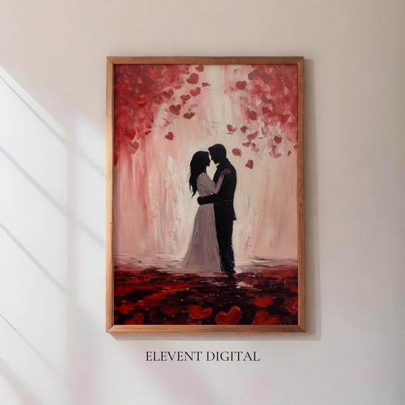 Romantic Couple Kiss Print Red Heart Abstract Painting