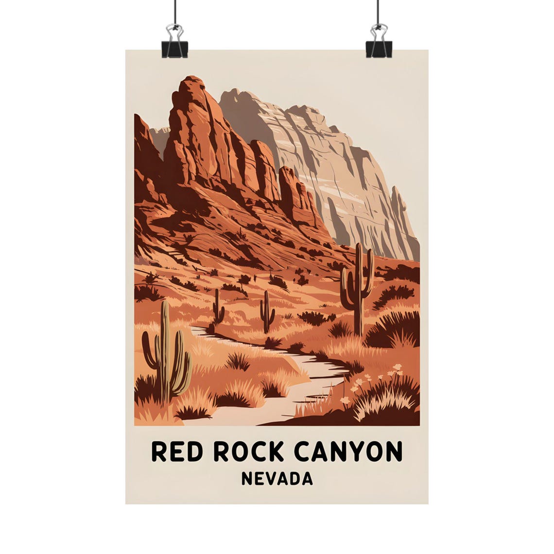 Red Rock Canyon Nevada Desert Trail Saguaro Cactus Retro Art Poster