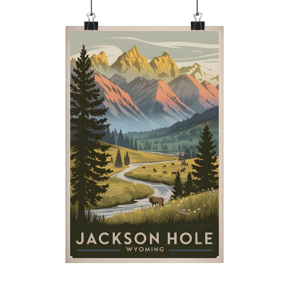 Jackson Hole Wyoming Elk Valley Teton Mountains Retro Travel Poster