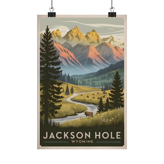 Jackson Hole Wyoming Elk Valley Teton Mountains Retro Travel Poster