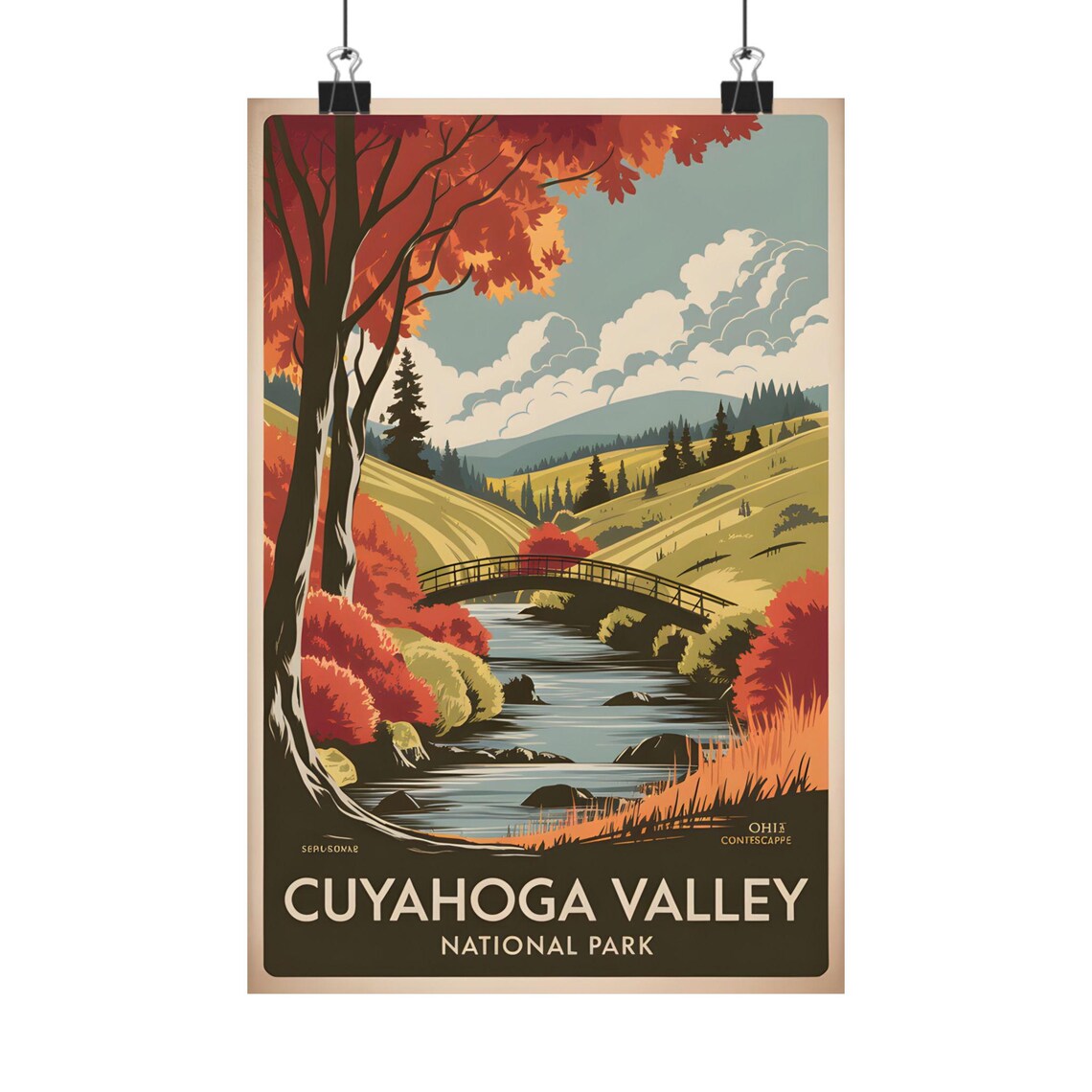 Cuyahoga Valley National Park Autumn River Bridge Vintage Poster