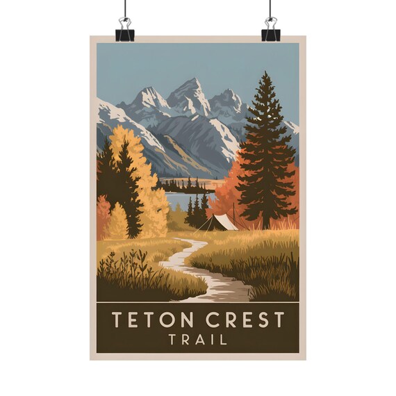 Teton Crest Trail Vintage Camping Poster Autumn Mountain Lakeside Scene