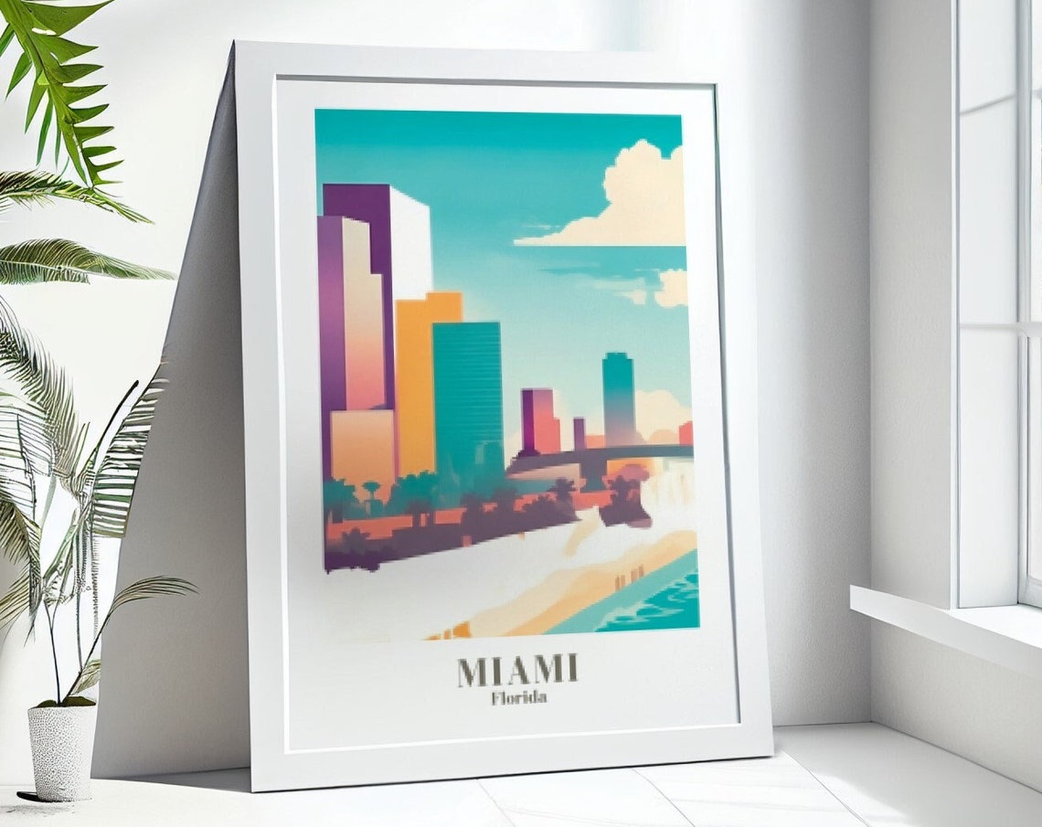 Miami City Travel Print Art Pink Blue Miami Travel Exhibition Print Trendy Wall Print Miami Poster Travel Posters Usa - Image 4