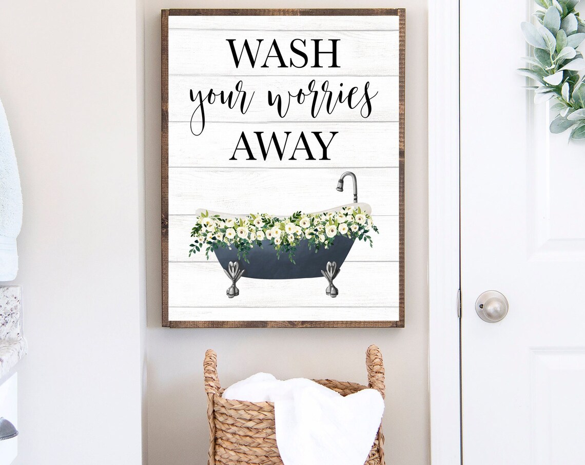 Wash Your Worries Away Quote Navy Clawfoot Tub Spa Bath Poster