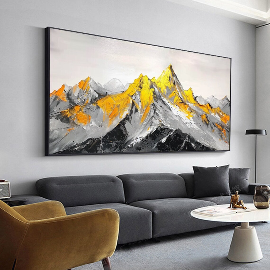 Golden Snow-Capped Mountain Peaks Black White Abstract Painting Poster - Image 4