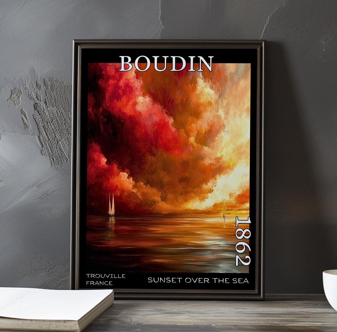 Eugène Boudin Crimson Sky with Sailboats on a Golden Sea 1862 Poster