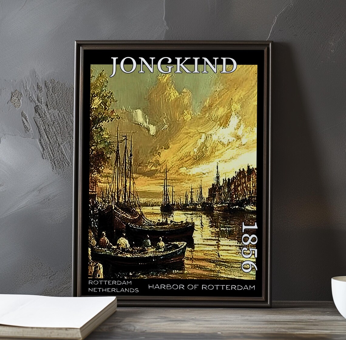Jongkind Harbor of Rotterdam Sepia Monochrome Boats and Clouds Poster