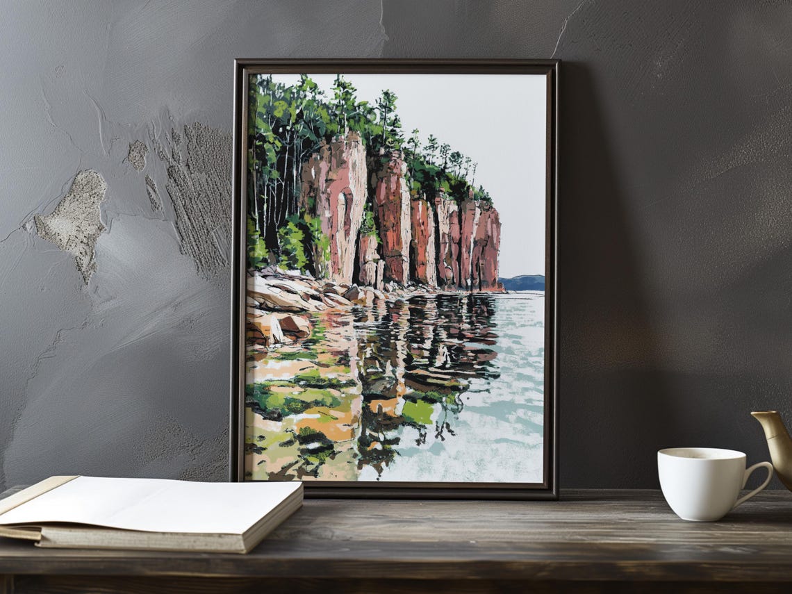 Red Sandstone Cliffs with Tall Pines Reflected in Calm Water Poster