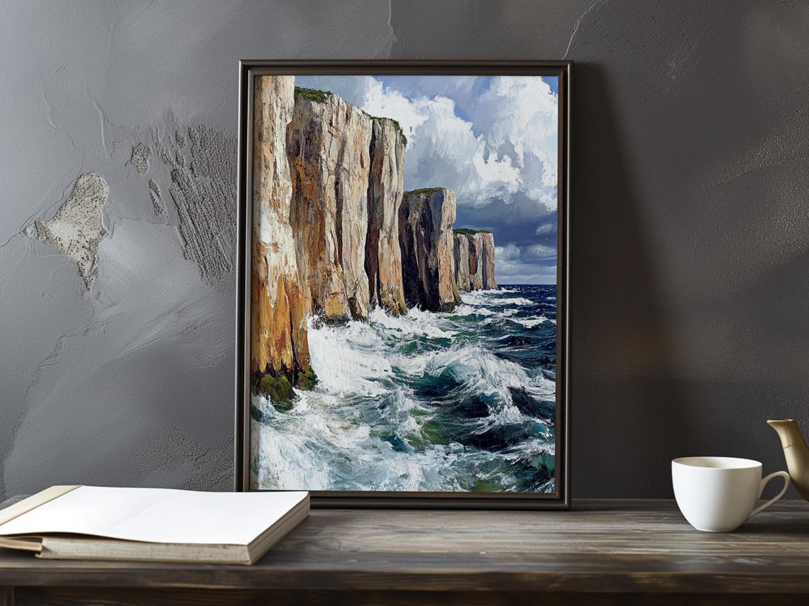 Towering White Cliffs Above Stormy Waves Impressionist Seascape Poster