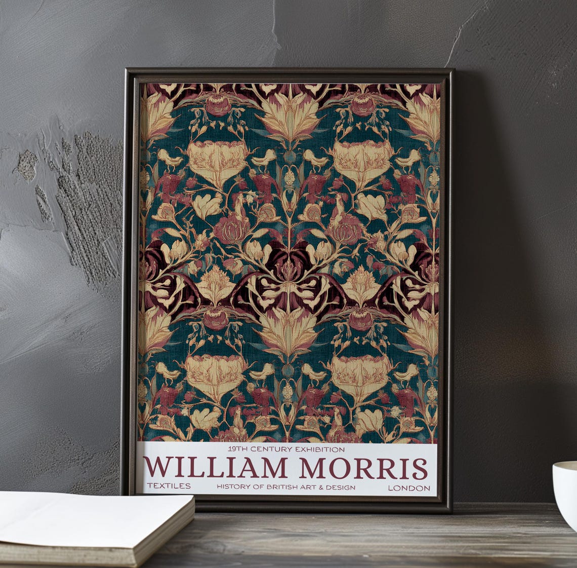 William Morris Dark Teal Maroon Gold Floral Damask Exhibition Poster