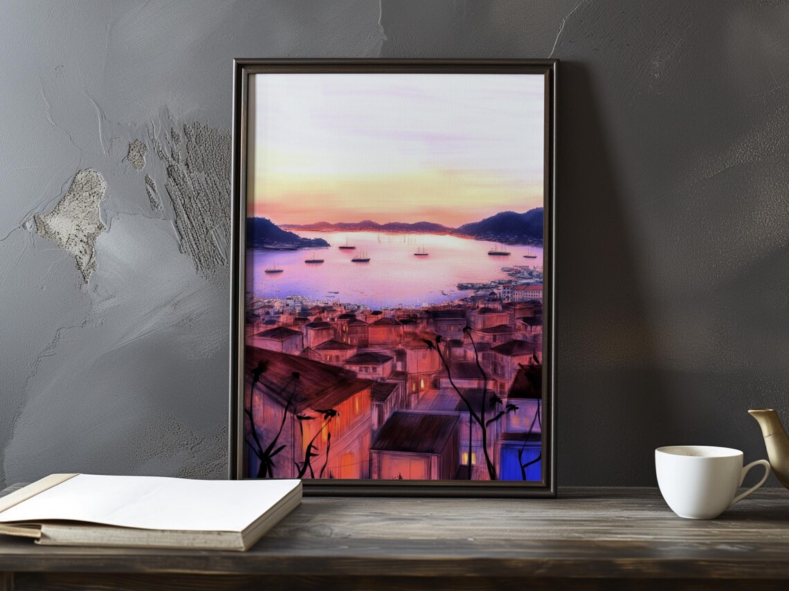Coastal Town at Sunset with Harbor Boats Hilltop View Art Poster