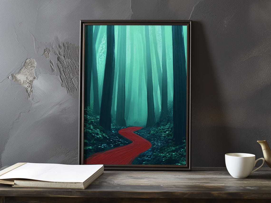 Bold Winding Red Path Through A Surreal Teal Pine Forest Poster