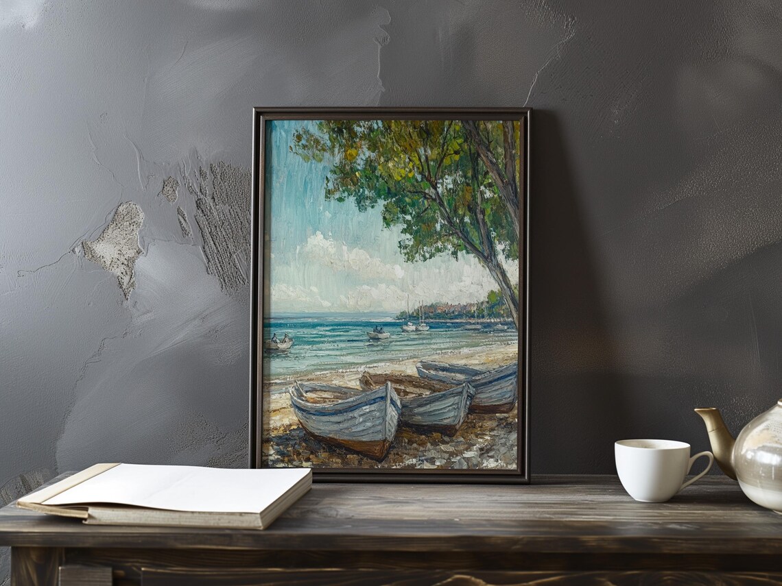Colorful Rowboats on a Sunny Shore with Turquoise Water Seaside Poster
