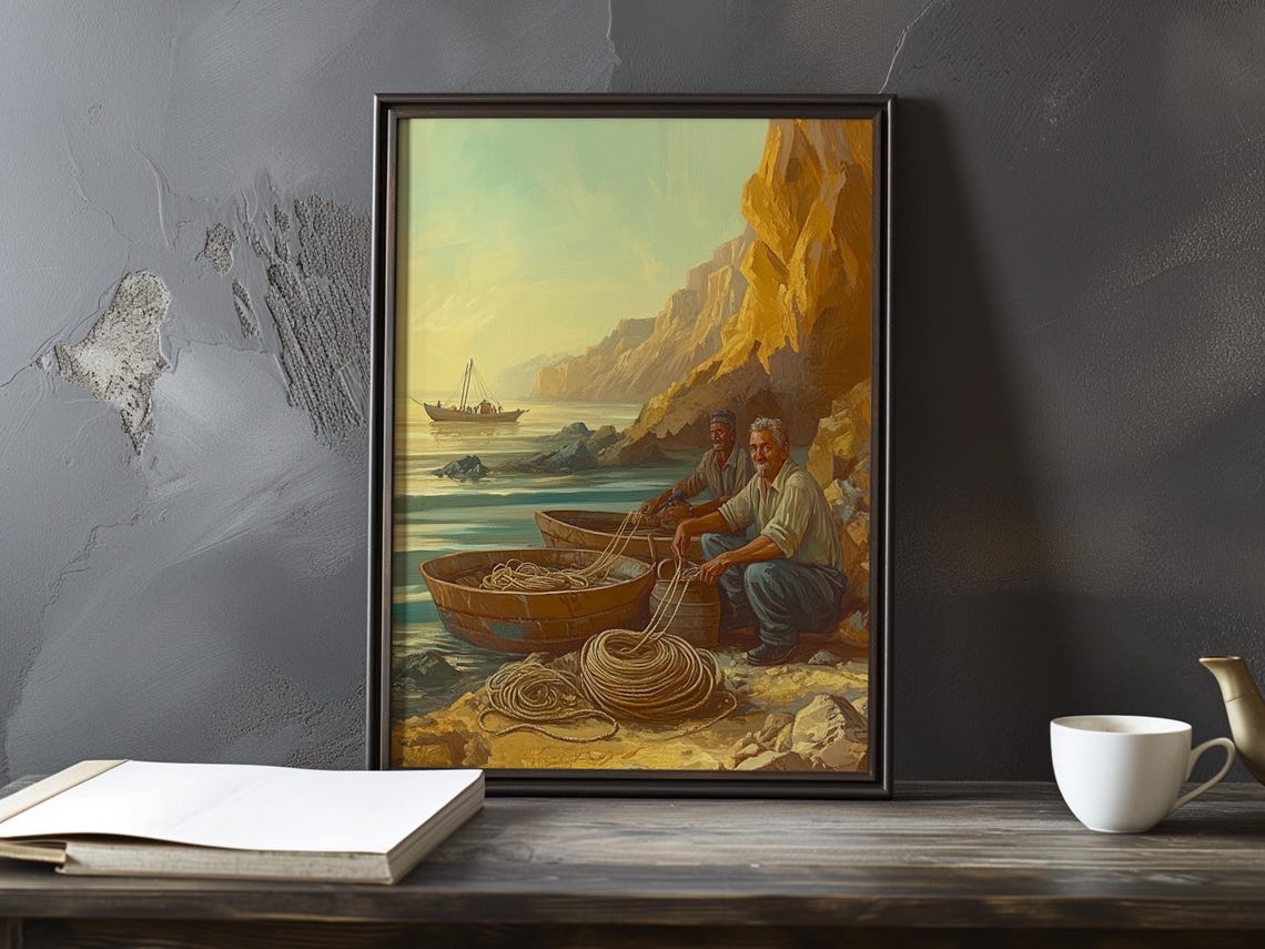 Two Fishermen Coiling Rope Beside Boats Under Golden Cliffs Poster