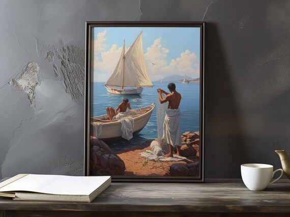 Fishermen Mending Nets Beside A Sailboat On A Rocky Shore Poster