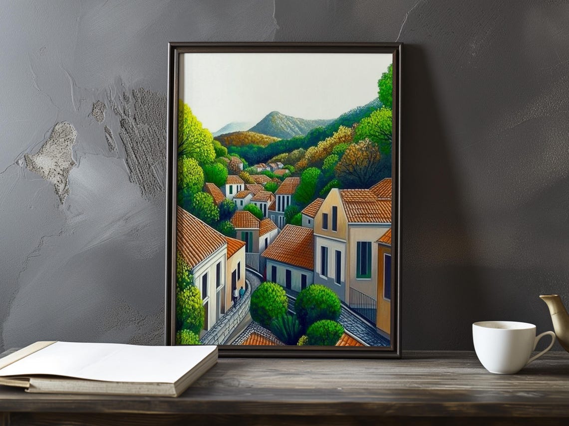 Terracotta Roof Village on Hillside with Distant Mountains Poster