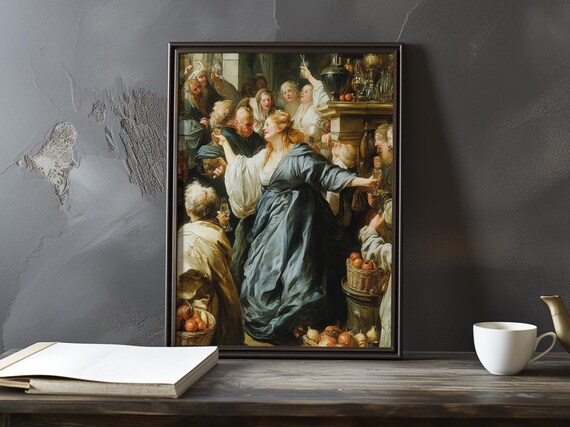 Joyful Classical Feast With Dancing Woman And Fruit Baskets Poster