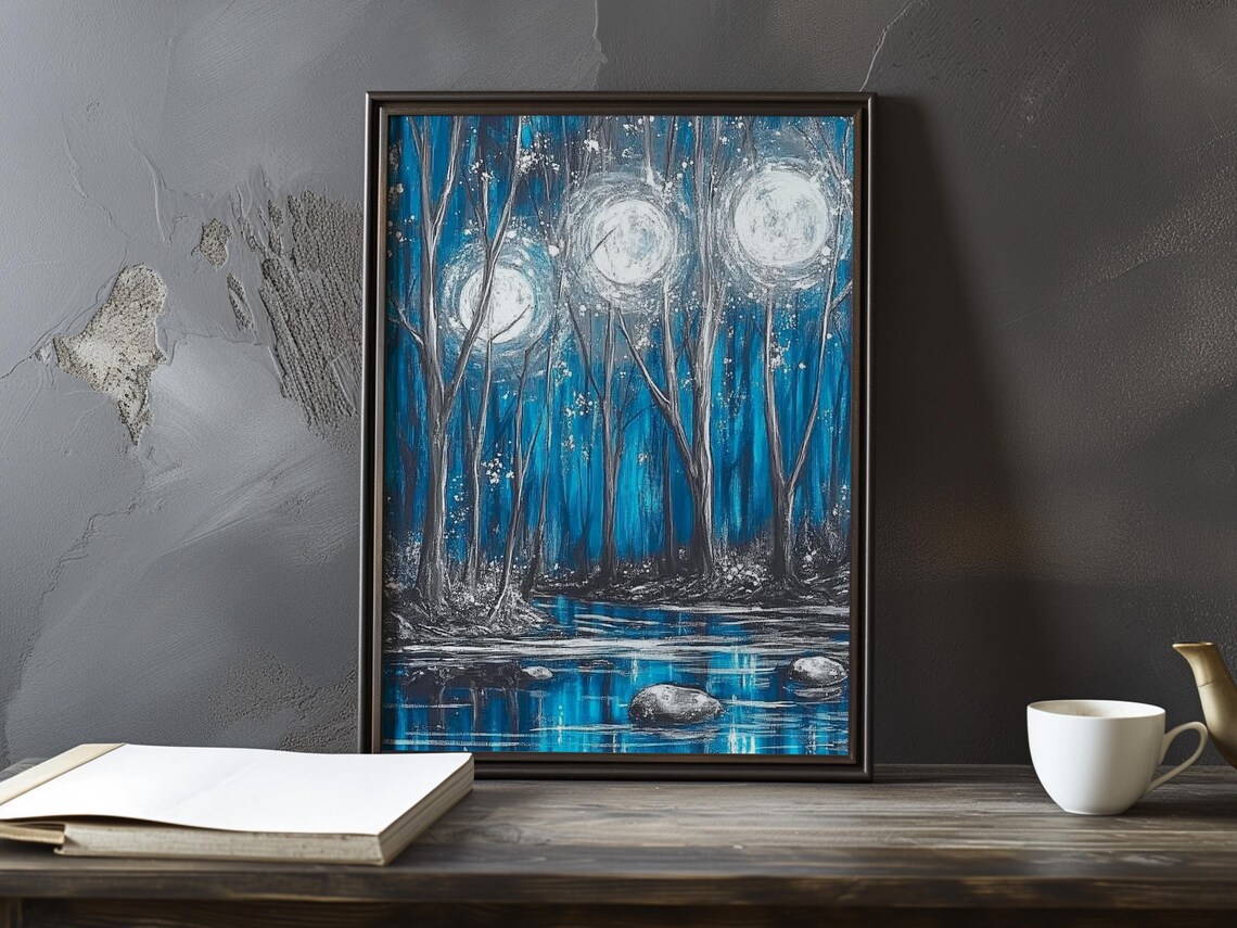 Triple Full Moon Rising Over A Dark Forest Lake At Night Poster