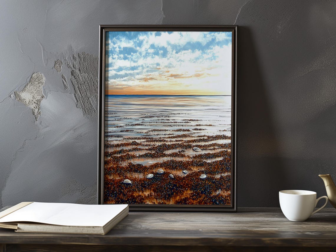 Sunset Over a Wide Rippled Beach at Low Tide Impressionist Poster