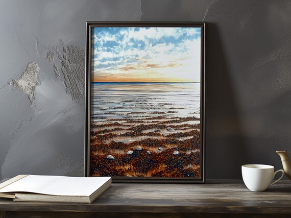 Sunset Over a Wide Rippled Beach at Low Tide Impressionist Poster