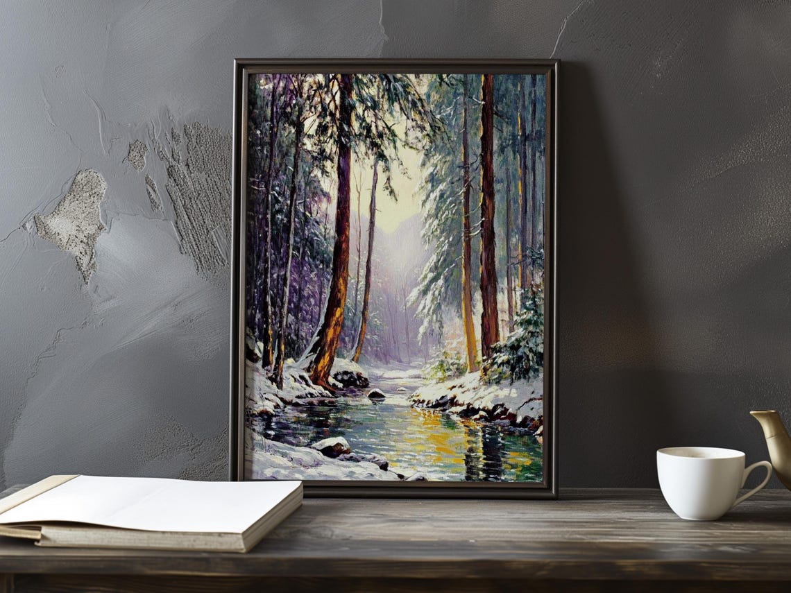 Sunlit Stream Winding Through A Snowy Pine Forest Landscape Poster
