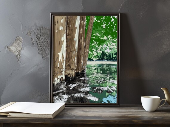 Tall Tree Trunks at Water's Edge Bold Graphic Nature Art Poster