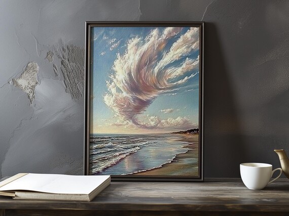 Dramatic Swirling Cloud Over a Quiet Beach Impressionist Poster