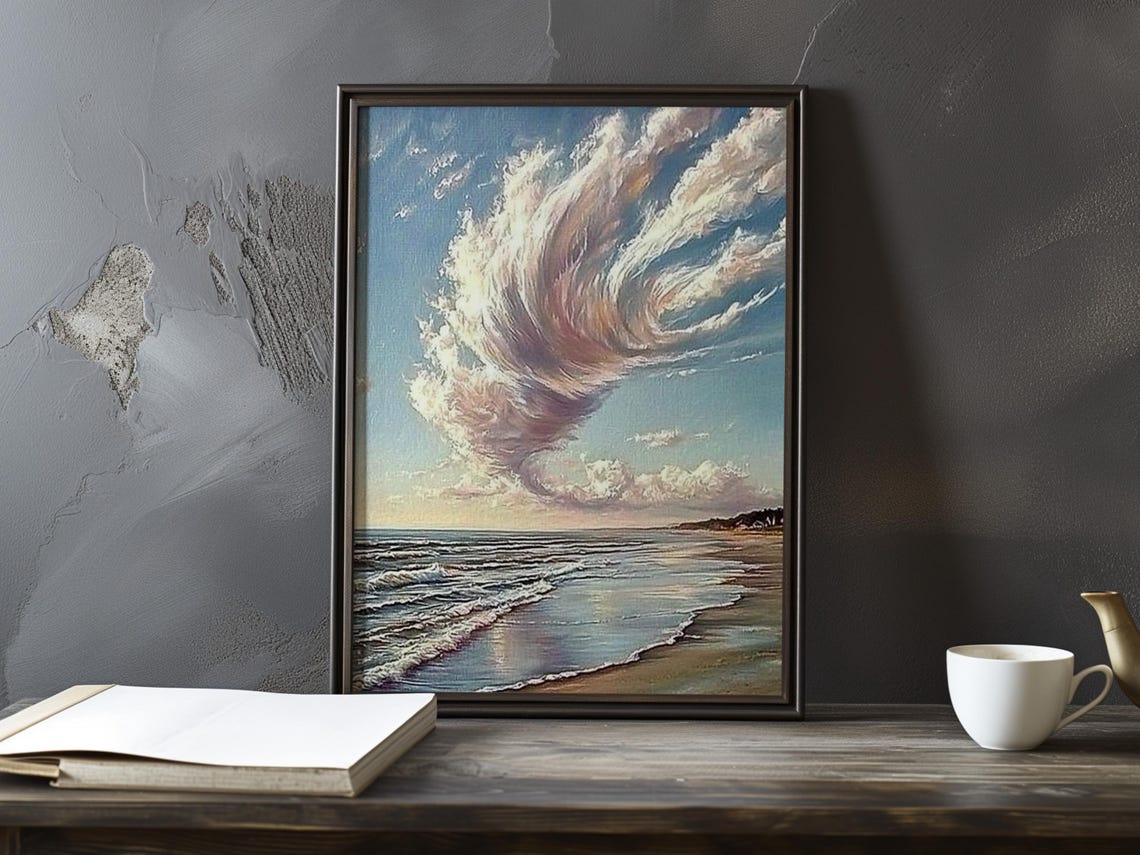 Dramatic Swirling Cloud Over a Quiet Beach Impressionist Poster