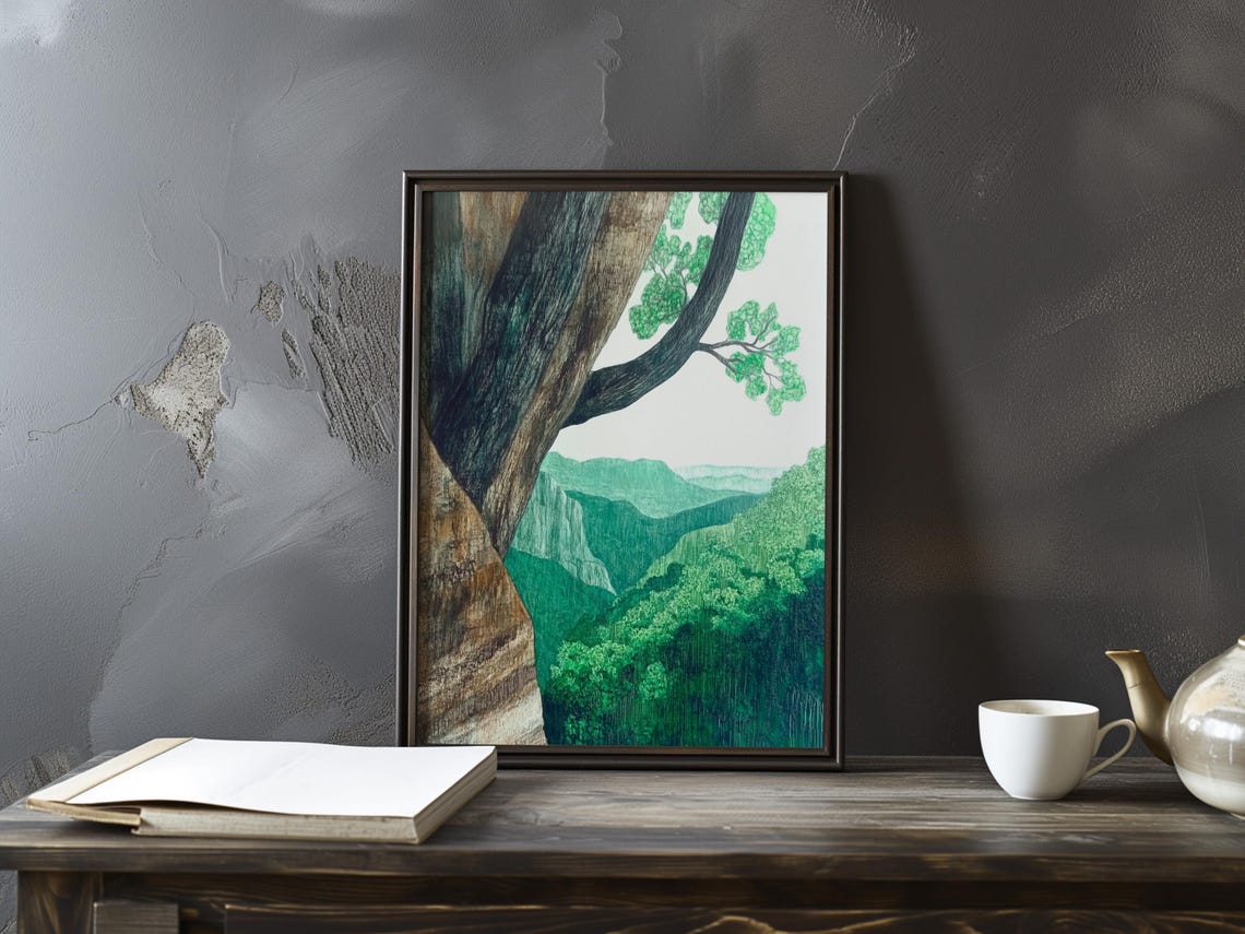 Gnarled Tree Branch Overlooking a Green Valley Gorge Landscape Poster