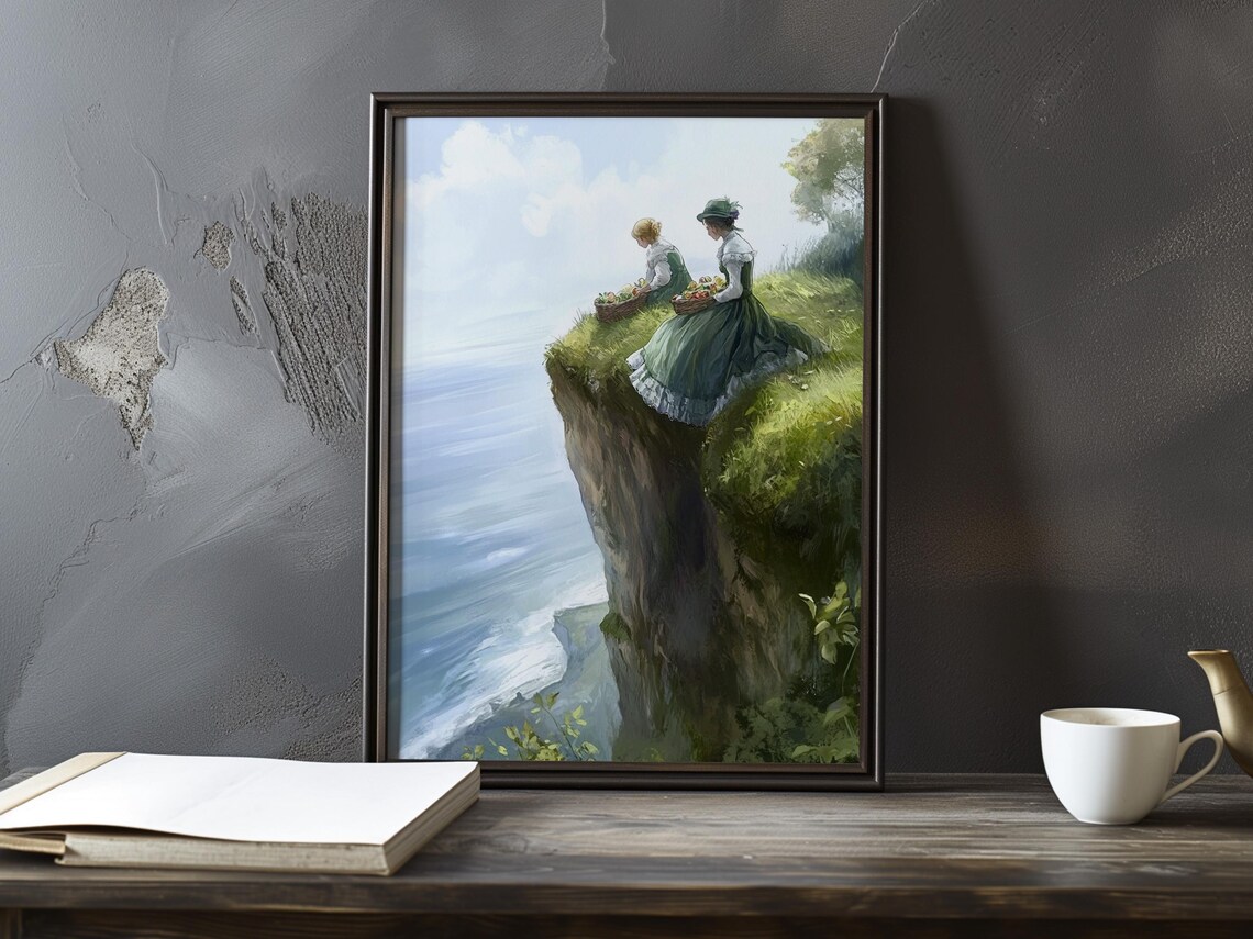 Two Women on a Grassy Sea Cliff Impressionist Coastal Poster