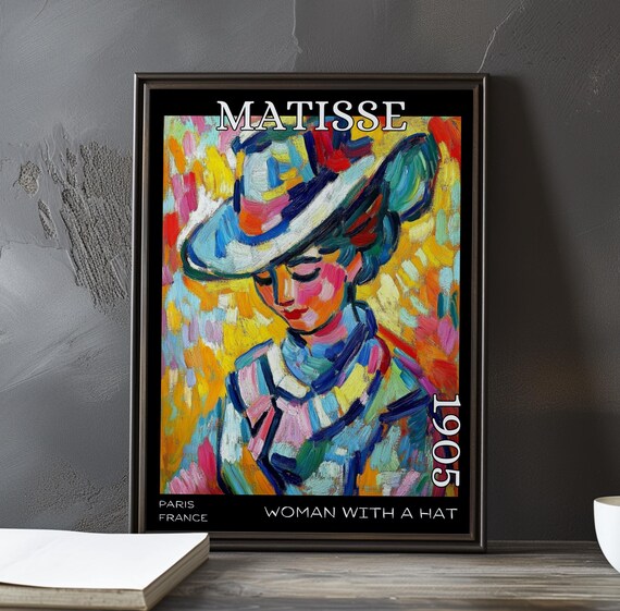 Woman With A Hat 1905 Matisse Style Patterned Hat On Yellow Poster
