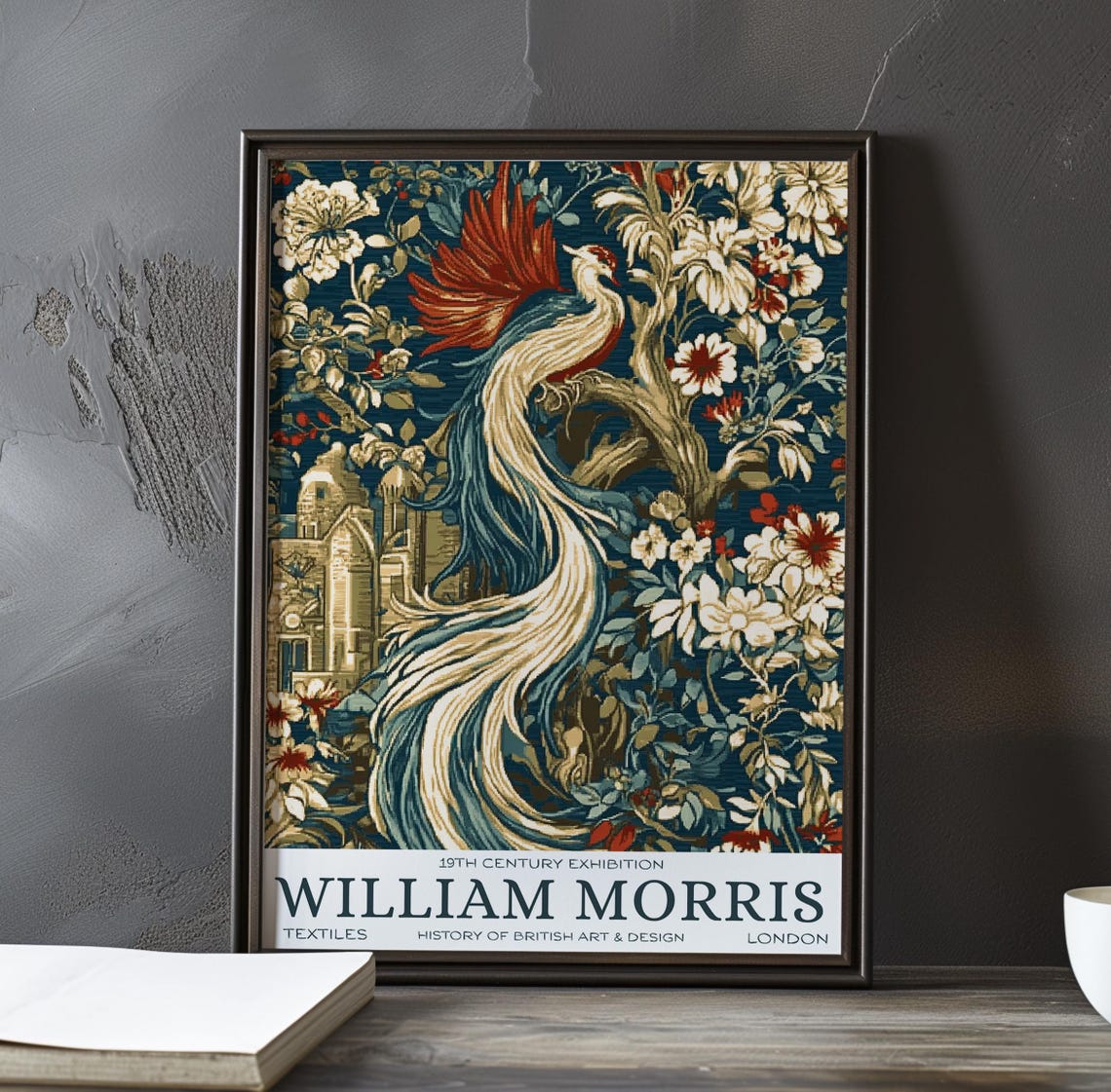 William Morris Phoenix Bird White Blossom Teal Textile Poster