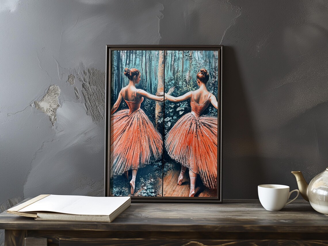 Degas Inspired Ballerinas in Coral Tutus in a Forest Scene Poster