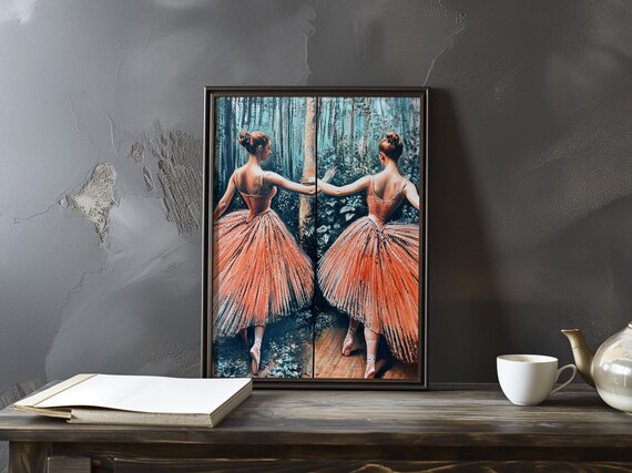 Degas Inspired Ballerinas in Coral Tutus in a Forest Scene Poster