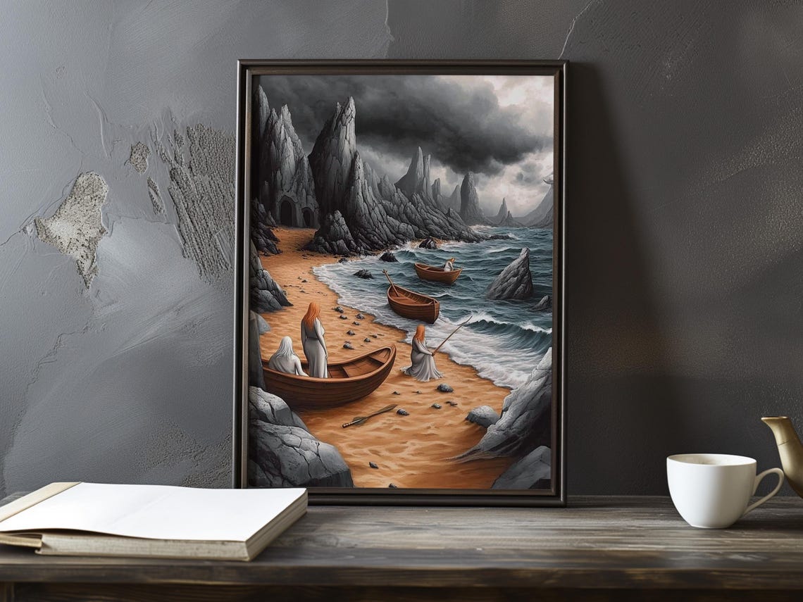 Women With Wooden Rowboats On A Dramatic Stormy Beach Shore Poster