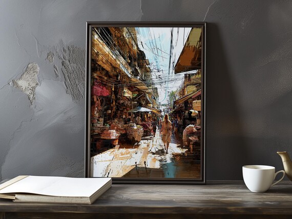 Bustling Old Market Street With Stalls and Awnings Painting Poster