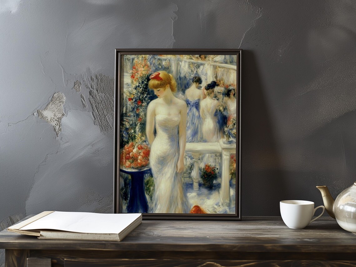 Woman In White Dress At A Flower Terrace Garden Party Poster