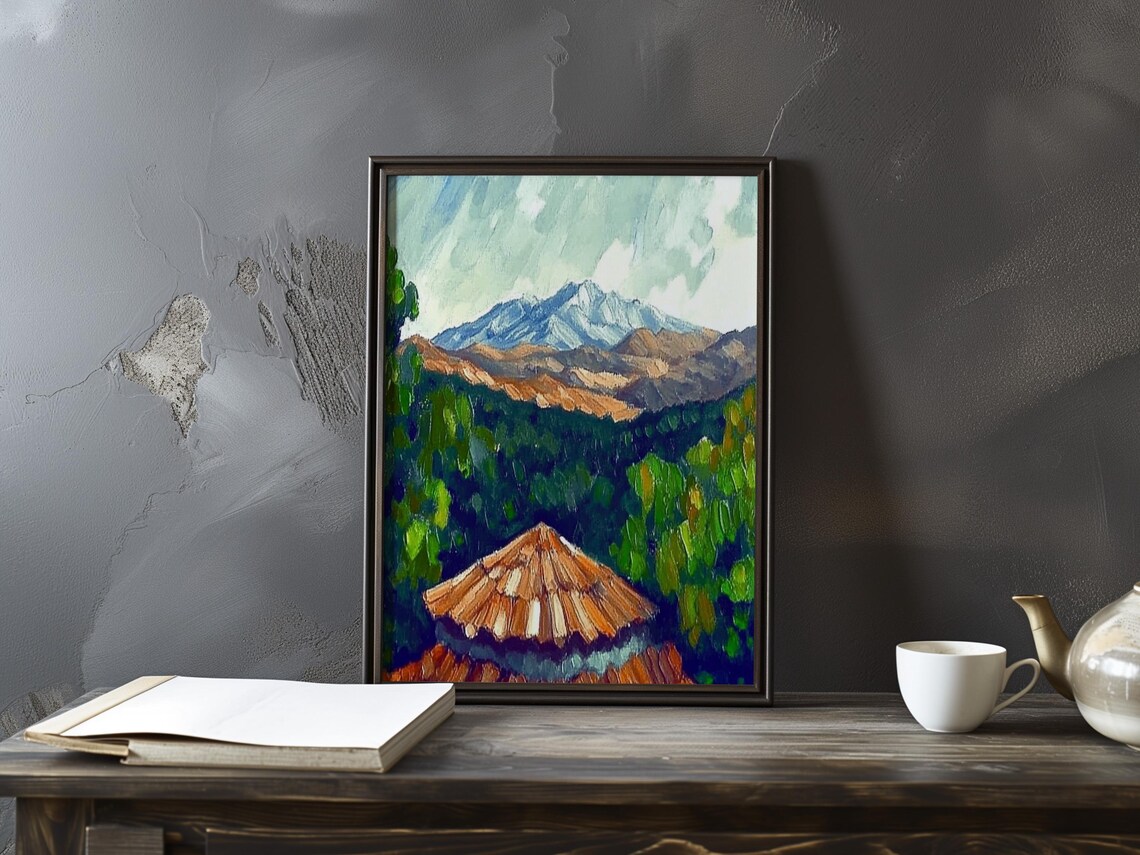 Cezanne-Inspired Mountain Peak with Terracotta Hut Roof Poster