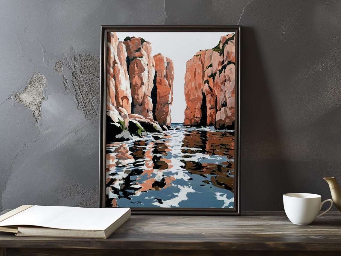 Twin Orange Cliffs Across Narrow Channel with Reflections Poster