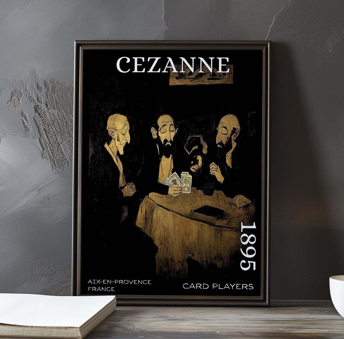 Cezanne Card Players 1895 Three Long-Faced Men in Gold on Black Poster