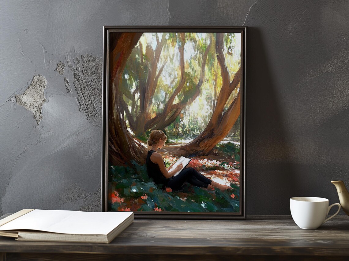 Woman Reading A Book Alone Beneath Twisted Redwood Trees Poster