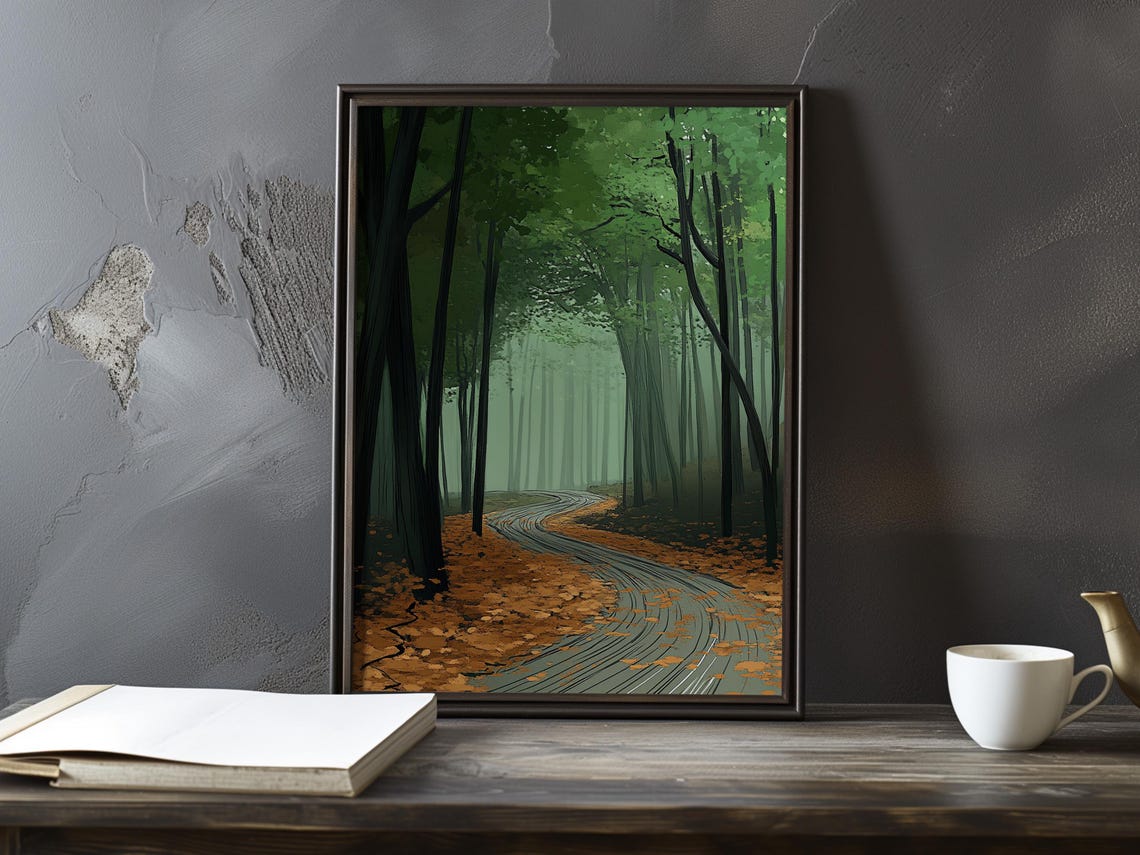 Autumn Forest Road Covered in Fallen Orange Leaves Art Poster