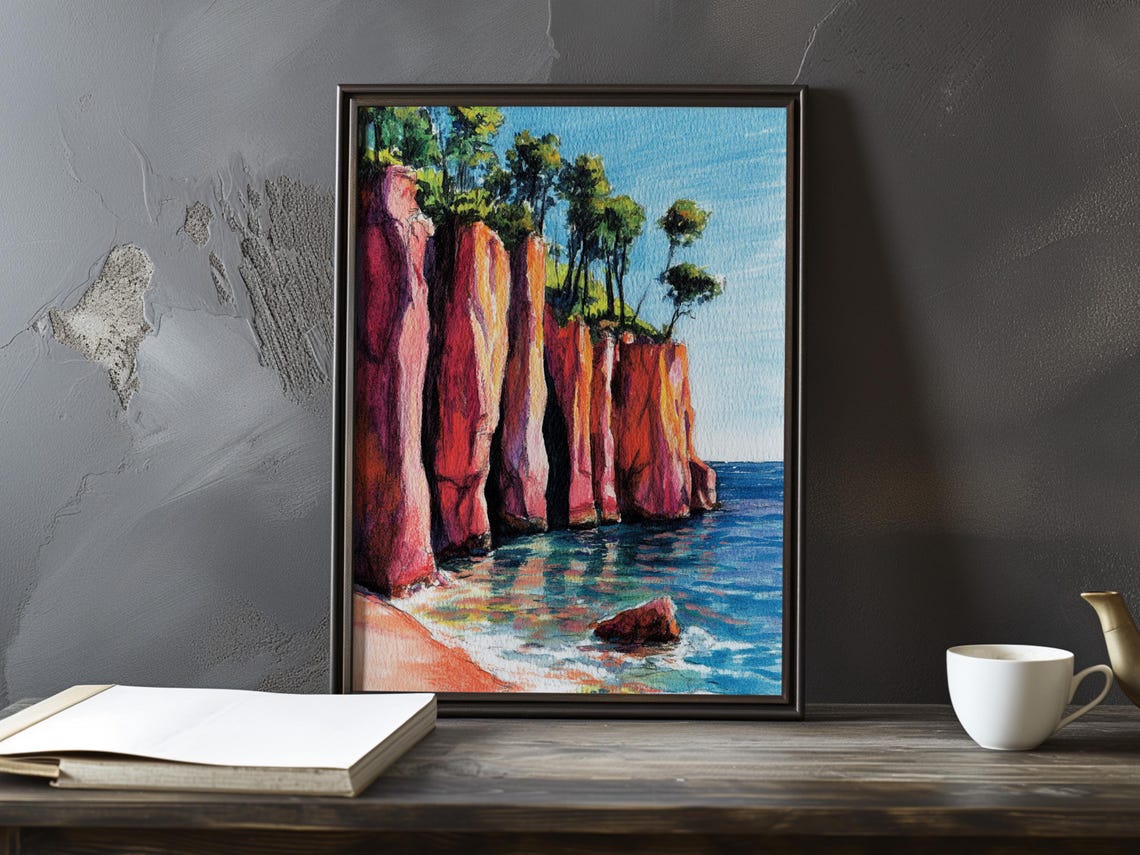 Crimson Rock Columns Topped with Green Pine Trees Impressionist Poster