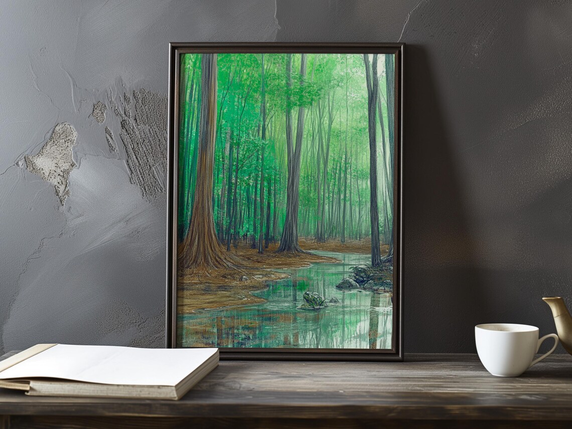 Emerald Green Forest of Tall Trees With a Glassy Stream Poster
