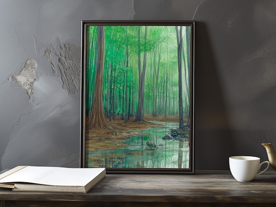 Emerald Green Forest of Tall Trees With a Glassy Stream Poster