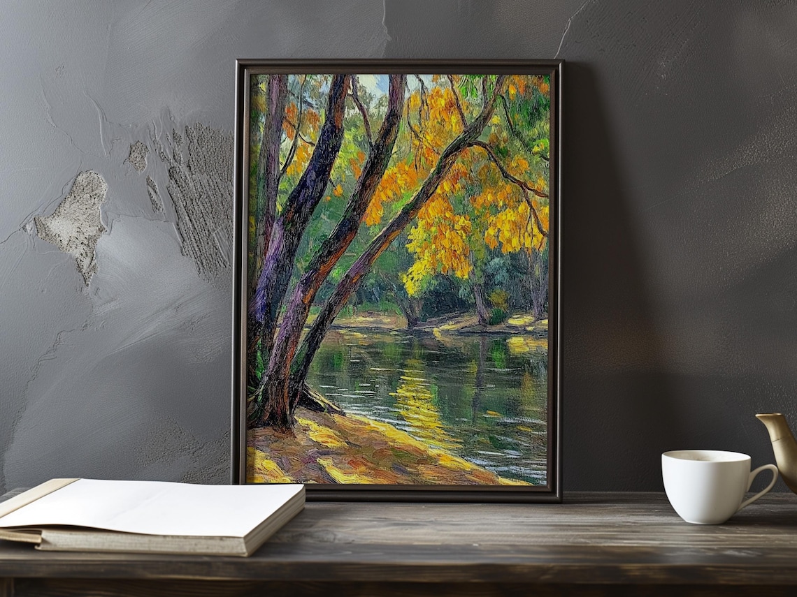 Autumn Trees With Yellow Leaves Over a Green River Painting Poster