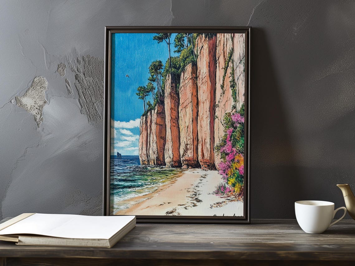 Red Cliffs Meeting a Sandy Beach with Wildflowers Impressionist Poster