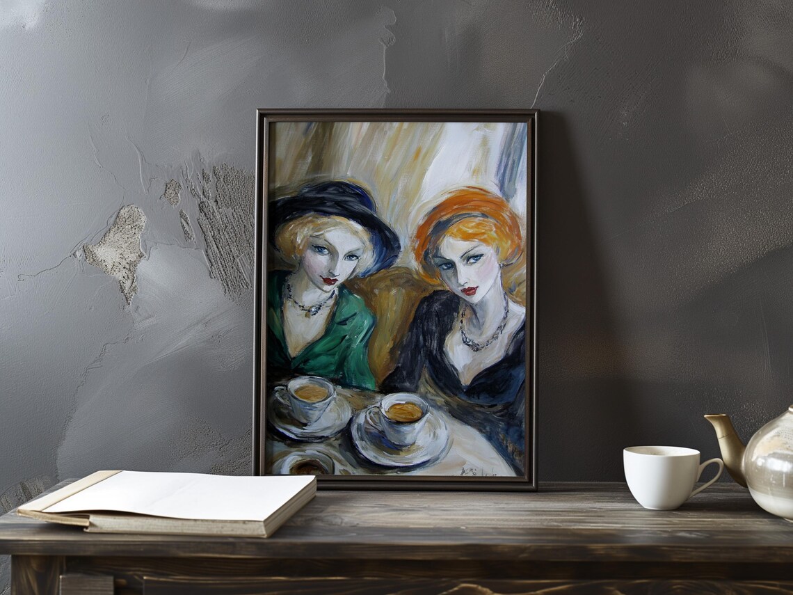 Manet Inspired Portrait of Two Women Sharing Coffee at Cafe Poster