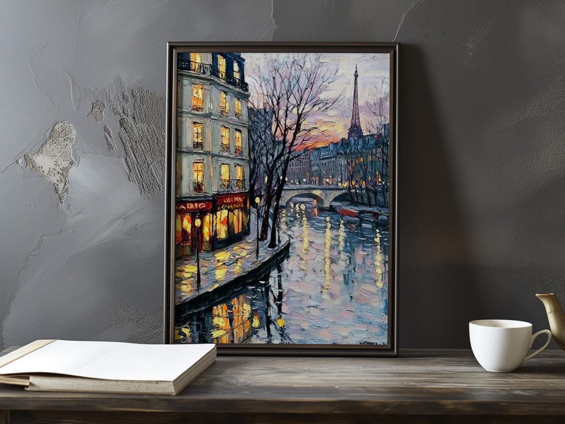 Moonlit Seine Quay With Glowing Windows Bridge and Eiffel Tower Poster