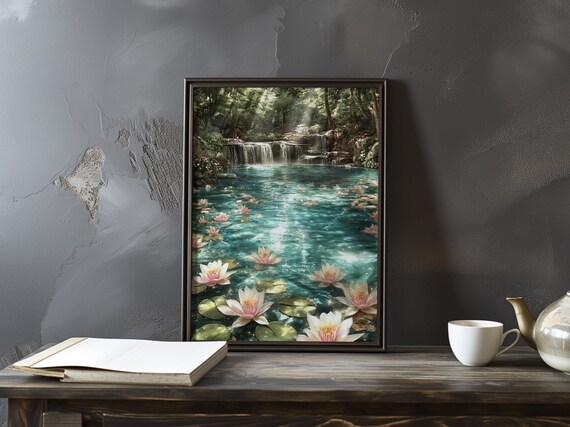 Turquoise Lagoon Waterfall Pink Lilies Sunlit Tropical Garden Poster
